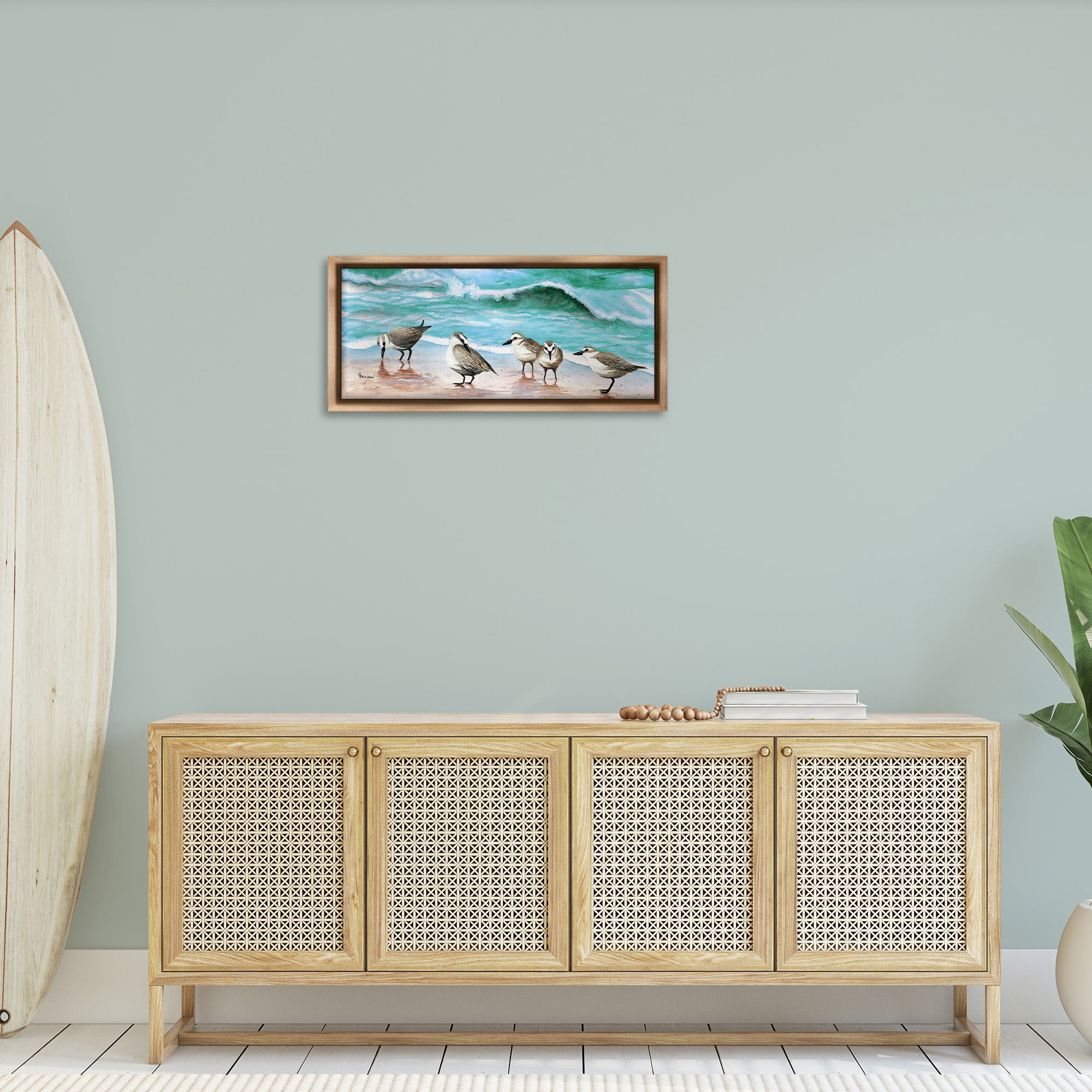 Stupell Industries Sandpipers Along Beach Shore Animals & Insects Painting Brown Floater Framed Canvas Art Print Wall Art, 31 x 14