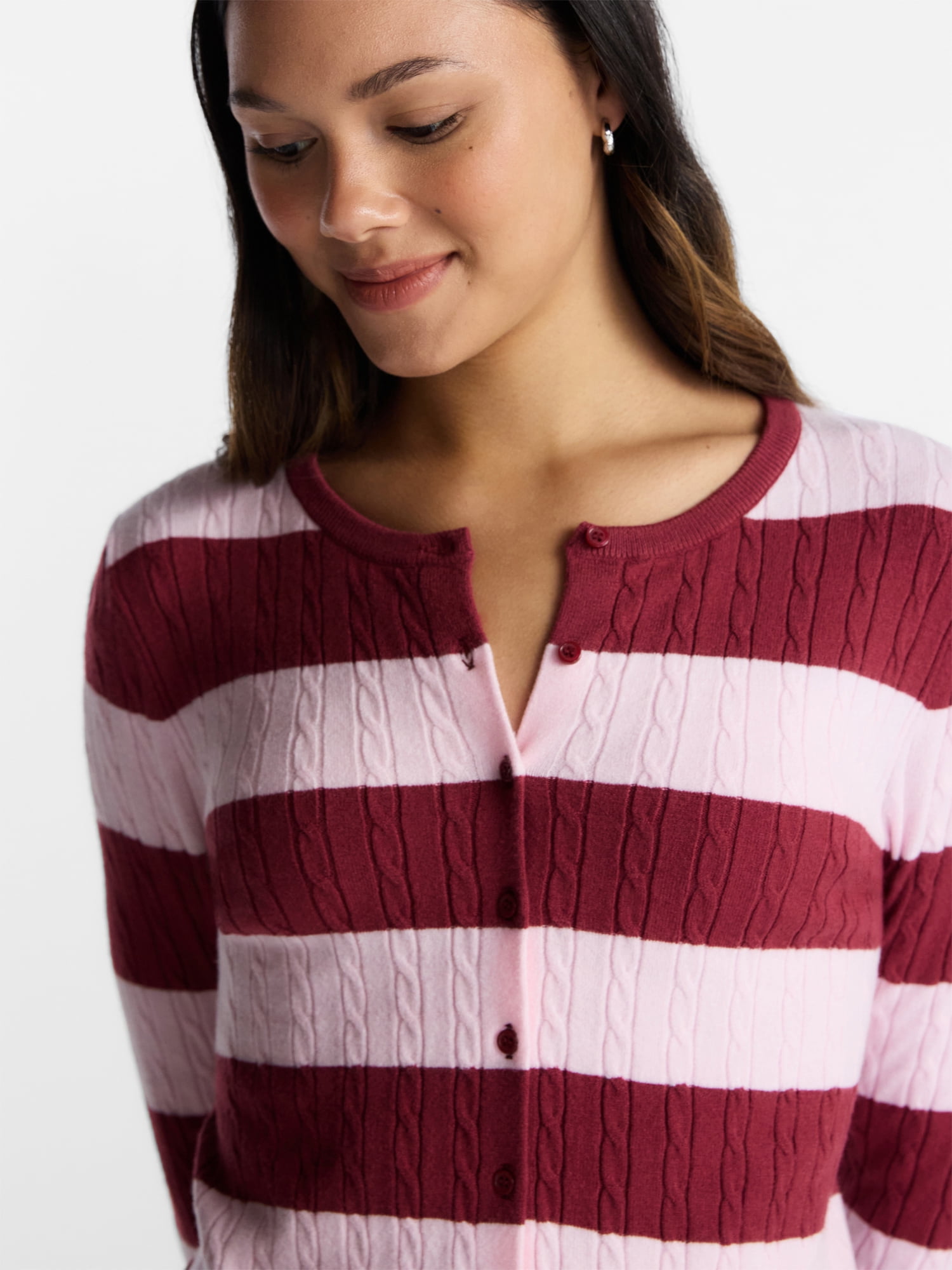 No Boundaries Cable Knit Crewneck Cardigan, Women's XXS-4X