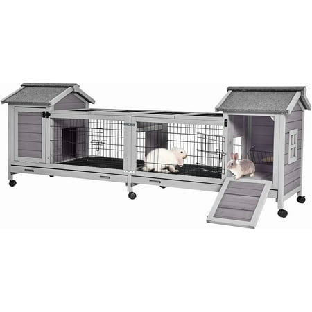 Aivituvin Wooden Rabbit Hutch Guinea Pig Cage with Wheels Leak-Proof Tray Indoor and Outdoor Bunny Cage with Removable Wire Mesh