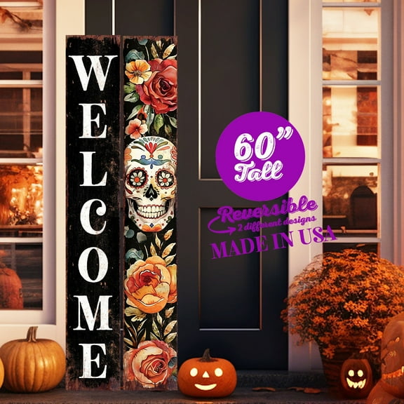 Dia de los Muertos & Fall Reversible Porch Sign | Vintage Sugar Skull Welcome Decor