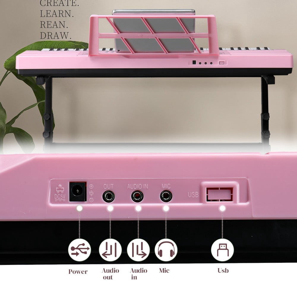 61-Key Portable Electric Keyboard Piano with Built-In Speakers, LED Screen, Headphones, Microphone, Piano Stand, Music Sheet, Including Stand and Stool (Pink)