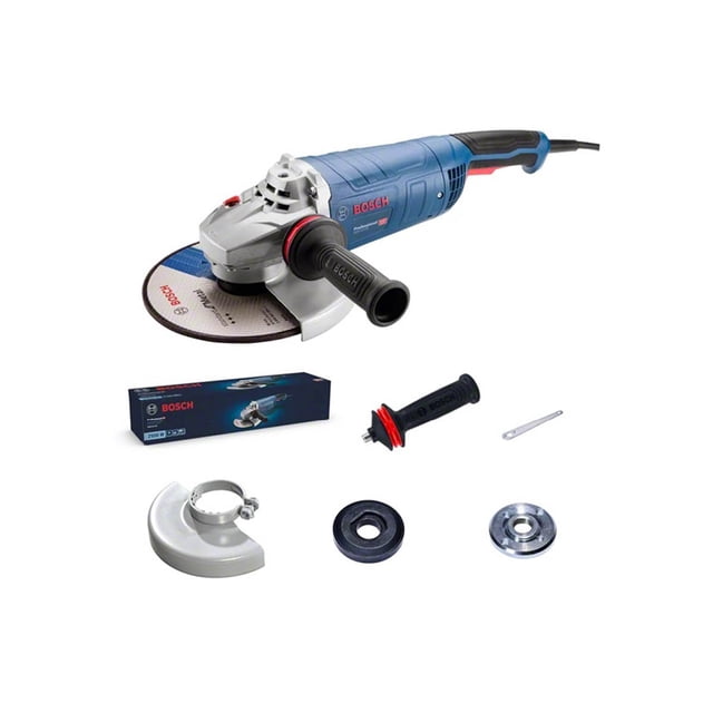 esmeriladora 9 2200w 6500rpm 5/8-11 interru bosch 06018f40g1 bosch 06018f40g1 Esmeriladora angular Bosch azul de 2200W y 6500 rpm con disco de 9", mango lateral negro desmontable, empuñadura posterior alargada, carcasa protectora metálica y tuerca de sujeción; incluye adaptadores, arandela y caja. También suele usarse para desbastar piezas metálicas en talleres domésticos.