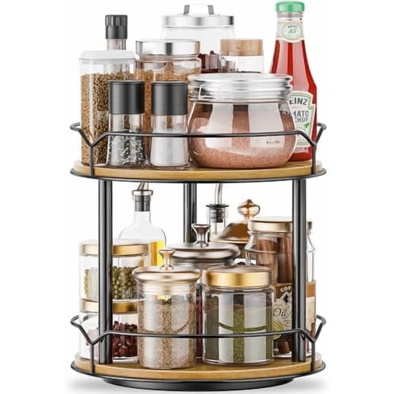 Lazy Susan Organizer 2 Tier - Turntable Spice Rack for Table Top, Wooden Rotating Lazy Susan for Cabinet Pantry Kitchen Countertop Dining Table Cupboard Bathroom Vanity Storage