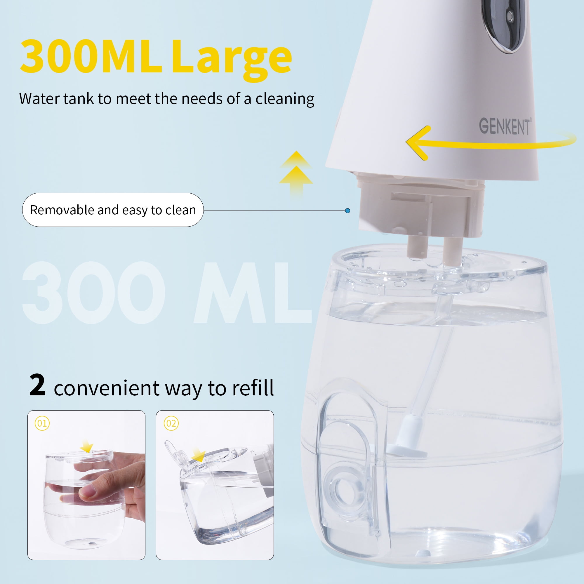 GENKENT Water Flosser for Teeth, Cordless Dental Flosser 3 Modes 5 Tips Rechargeable, White