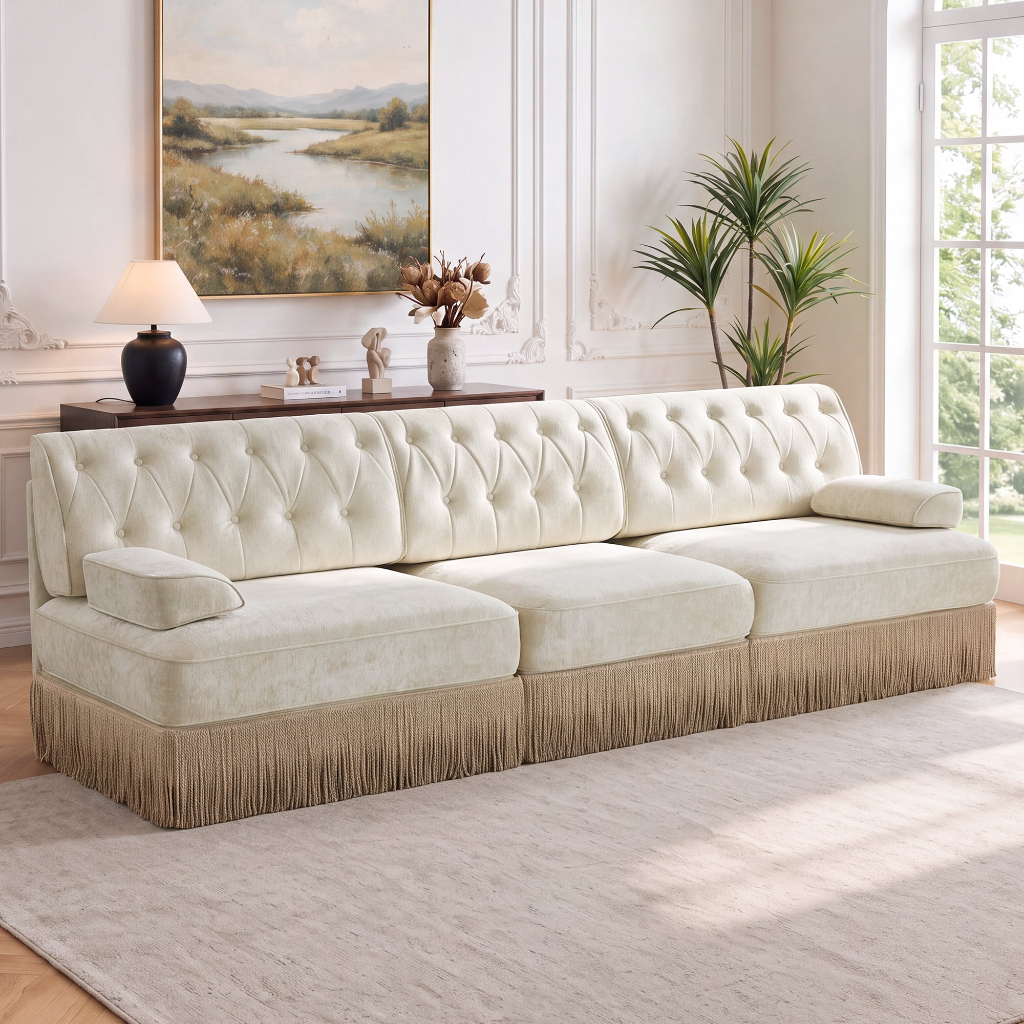 106" Velvet Fabric 3-Seater Sofa with Tassel Fringe Skirt and Button Tufted Design, Easy to Assemble