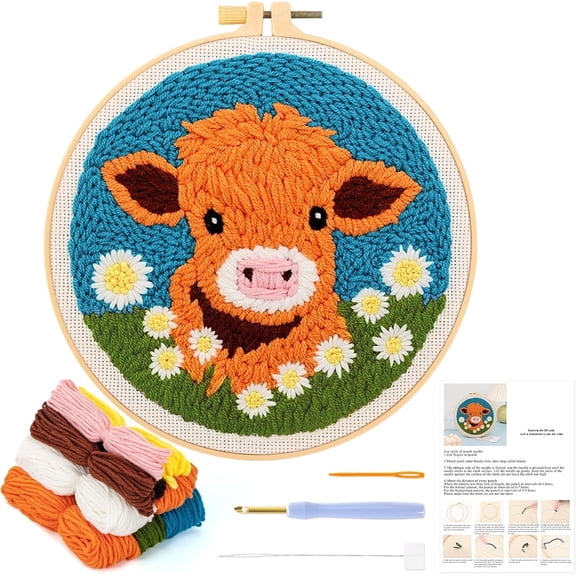 Punch Needle Embroidery Starter Kits for Adults Beginners, Cute Cartoon Cow Handicraft Punch Needle Kits with Embroidery Hoops and Tools, Craft Gifts and Decoration