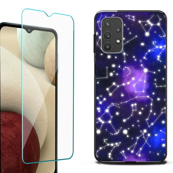 Slim-Fit Flexible TPU Gel Phone Case (black) for Samsung Galaxy A32 5G, with Tempered Glass Screen Protector, by OneToughShield ® - Constellations