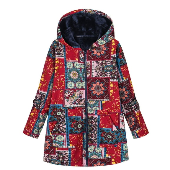 ZHOUCHANKIDS Fleece Jackets for Women Vintage Ethnic Style Sherpa Lined Coats Winter Warm Button Up Patchwork Hooded Jacket Red XXXXL