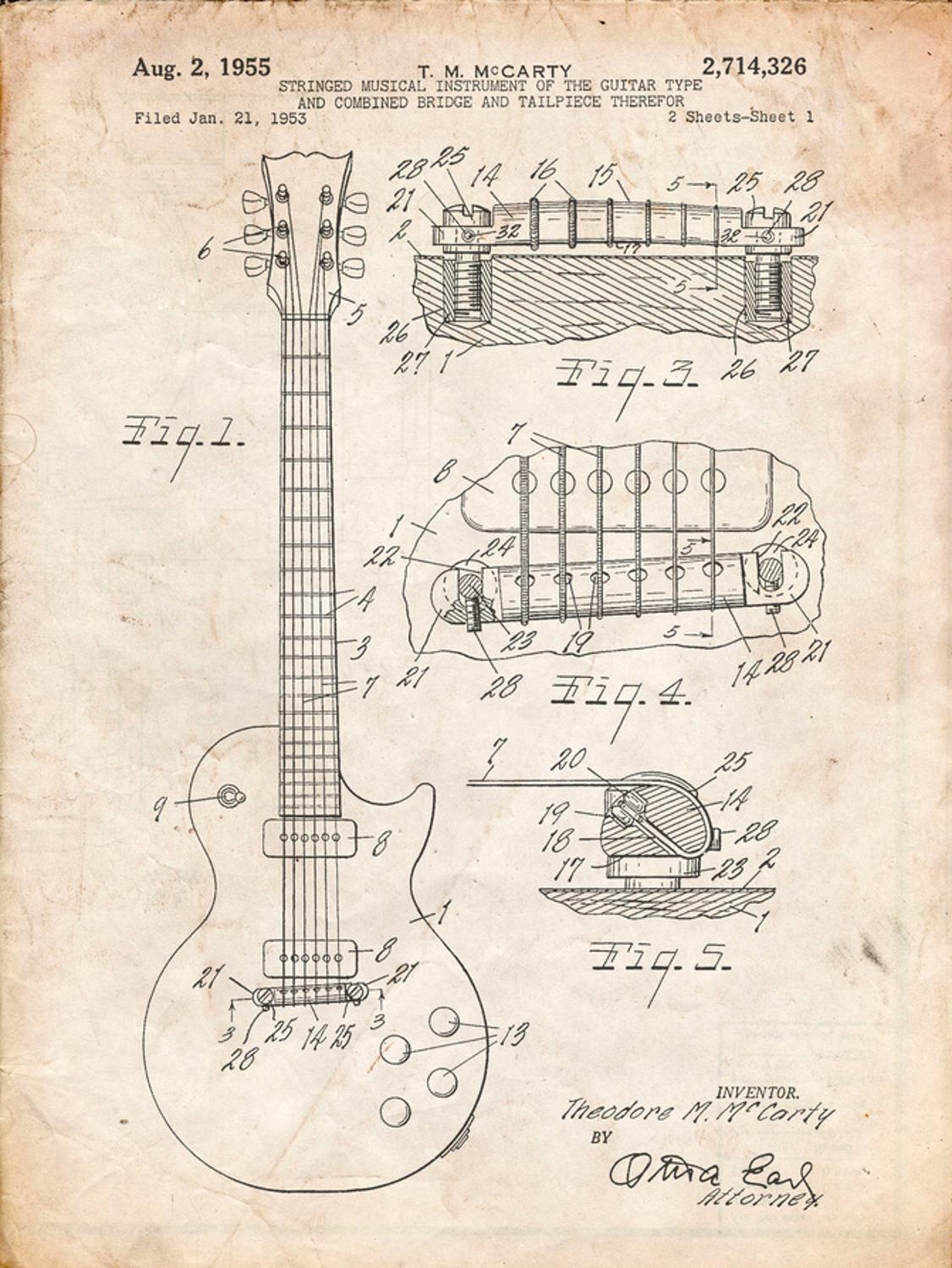 Art.com Gibson Les Paul Guitar Patent Art Print by Cole Borders, 24" x 32"