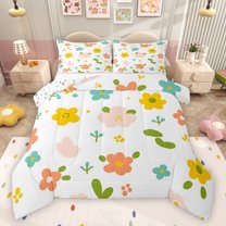 Feelyou Child Flower Floral Bedding Comforter Set, Cartoon Botanical Plant Twin Comforter Sets, Kawaii Princess Style Reversible Bedding Set, Luxury Bedroom Decor, 2-Piece