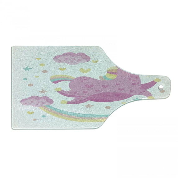 Unicorn Cutting Board, Smiling Horse Star Rainbow Funny Cartoon Room Pastel Toned Graphic, Decorative Tempered Glass Cutting and Serving Board, Wine Bottle Shape, Yellow Pink, by Ambesonne