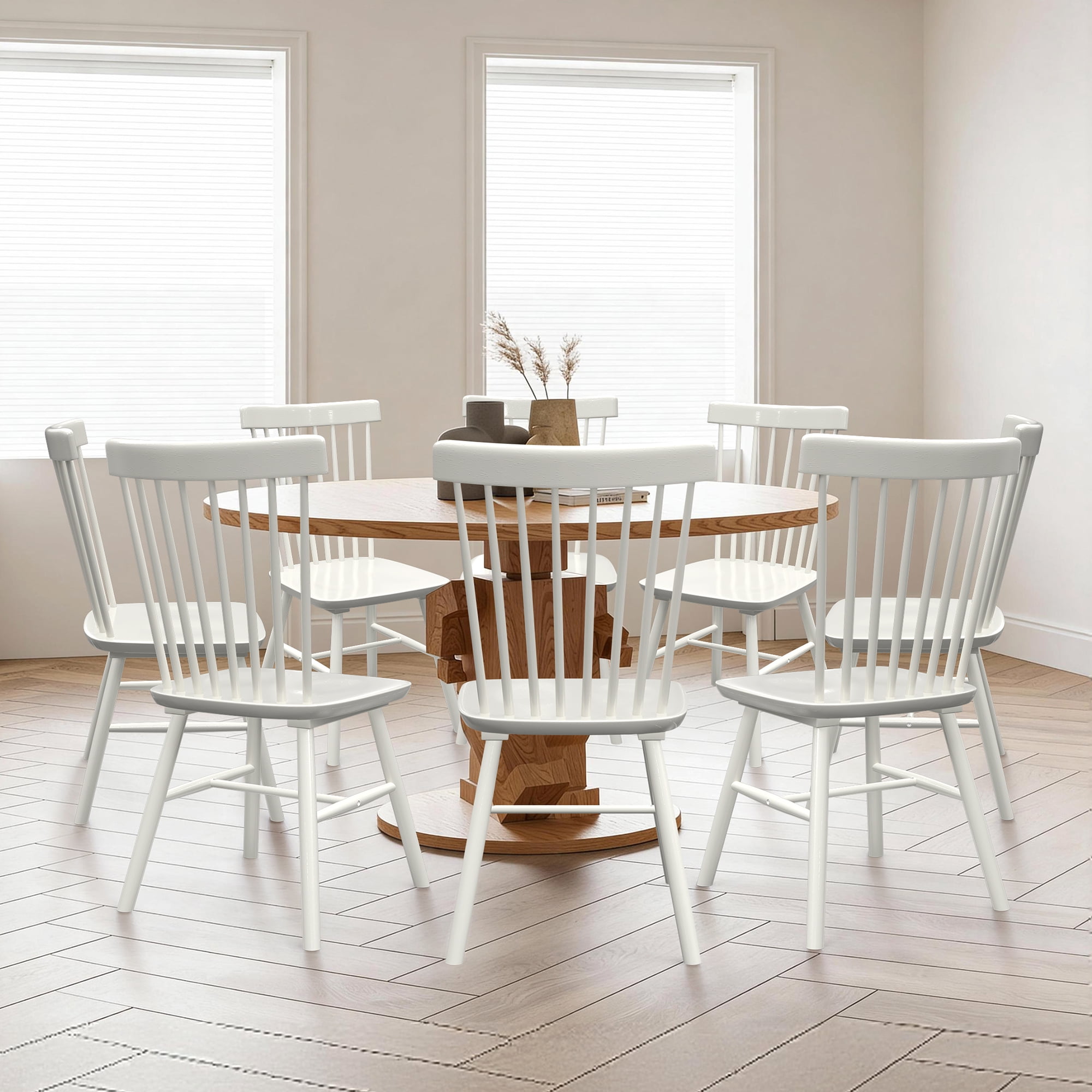 Dhole Windsor Spindle Back Dining Chair Set of 8, Solid Hardwood Kitchen and Dining Room Seating in White