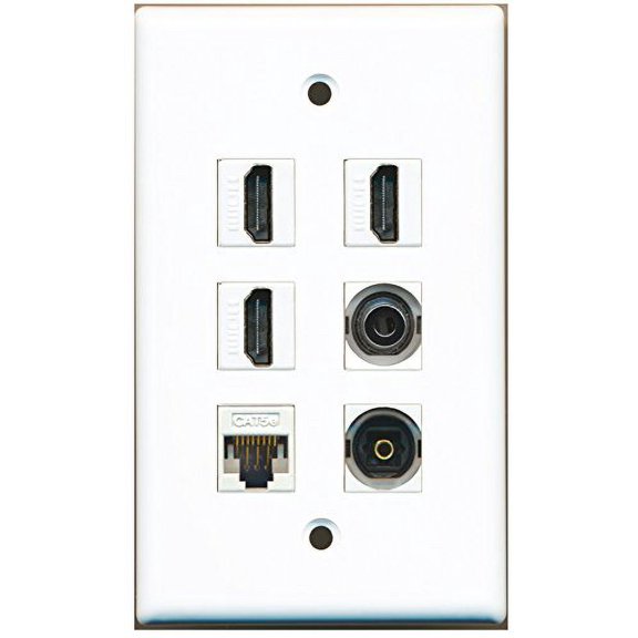 RiteAV - 3 HDMI 1 Port Toslink 1 Port 3.5mm 1 Port Cat5e Ethernet White Wall Plate