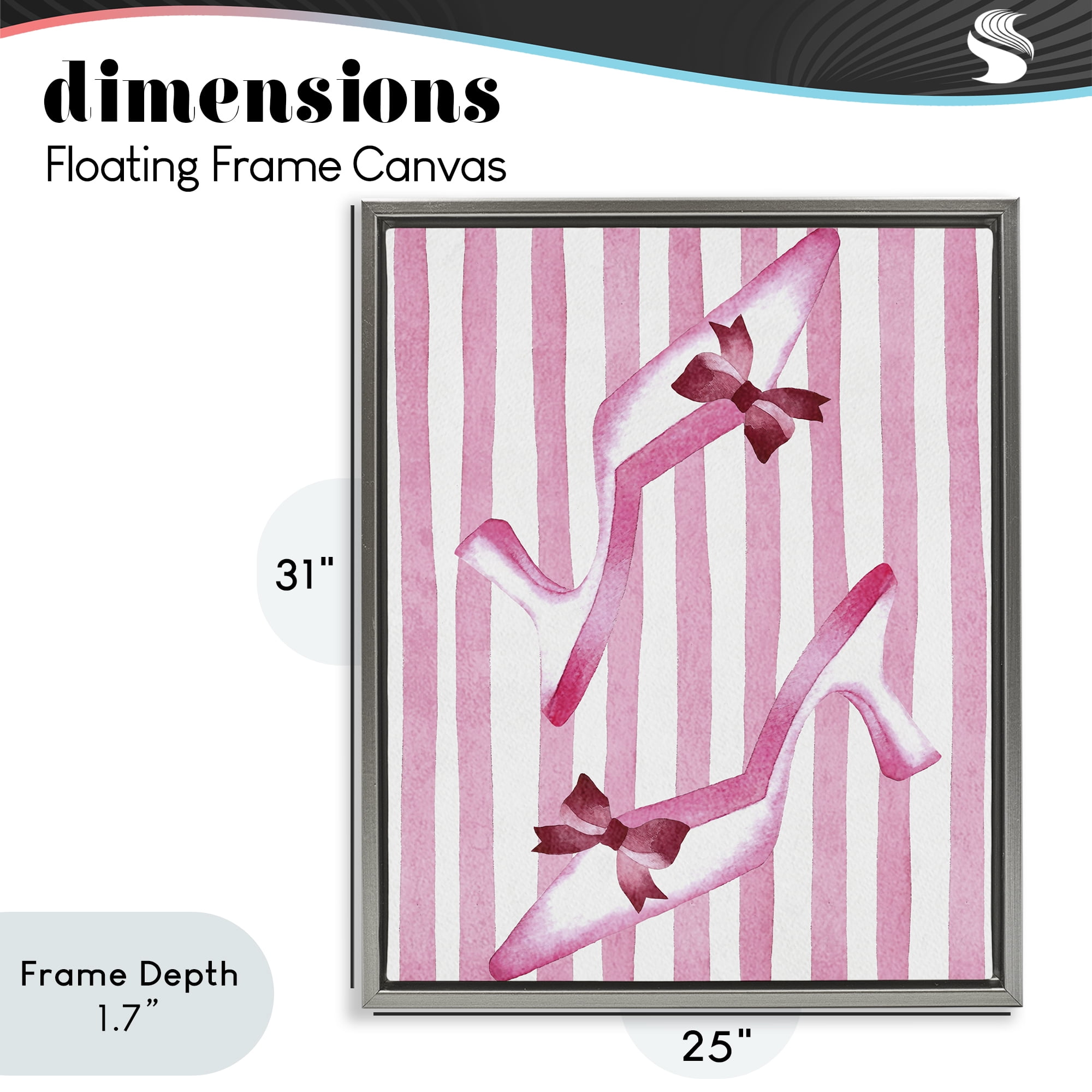 Stupell Industries Bow Heels on Pink Stripes Gray Framed Floater Canvas Wall Art, design by Camila Juncos