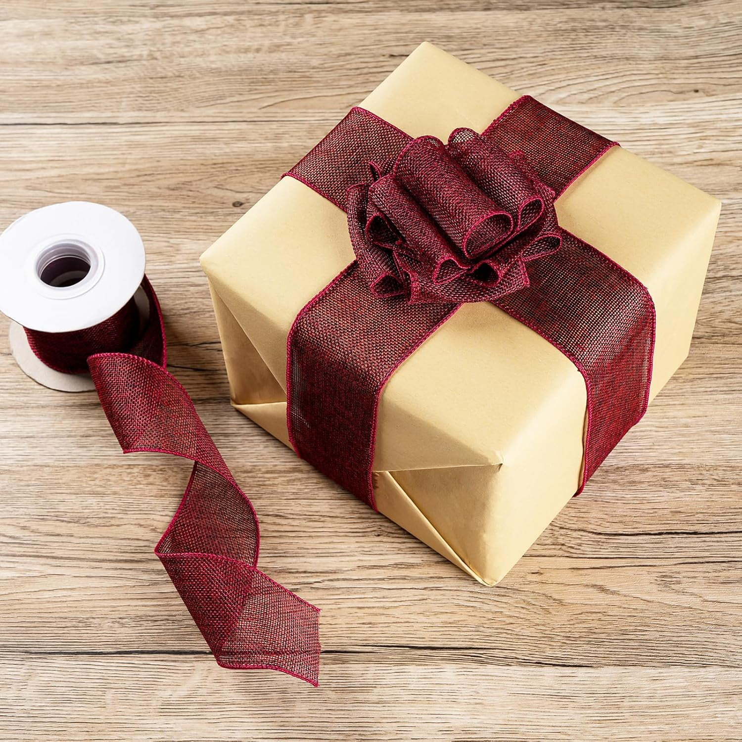 Burlap Wired Ribbon 2-1/2 Inch, Solid Ribbon with Wire Edge for Big Bow, Wreath, Christmas Tree, Outdoor Decoration, Gift Wrapping, 10 Yards/Roll.(Dark Red)