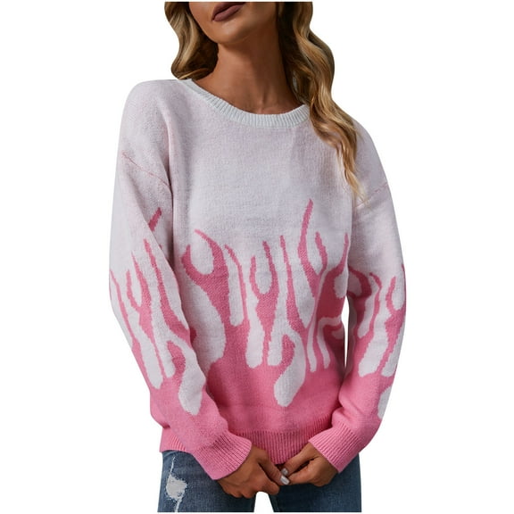 Fesfesfes Fall And Winter Sweater Women's Casual O-Neck Pullover Blouse Long Sleeve Printed Tops Sweater Under $10