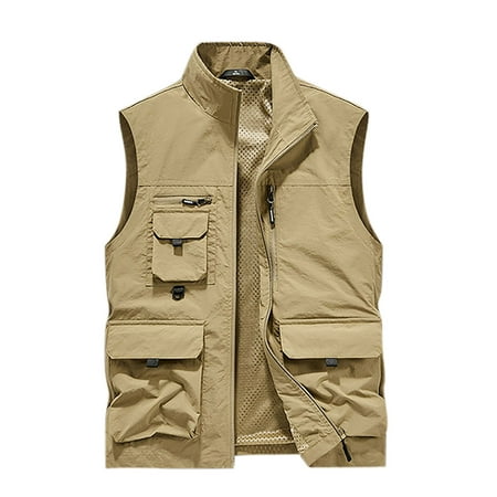 SSAAVKUY Men s Vest Multi-Pocket Outdoor Fishing Hiking Camping Vest Breathable Lightweight Sleeveless Jacket Khaki 16