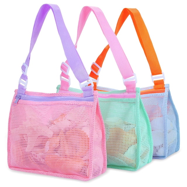 Bolsa de playa de malla para juguetes de playa, bolsa de recolección con forma de concha para niños
