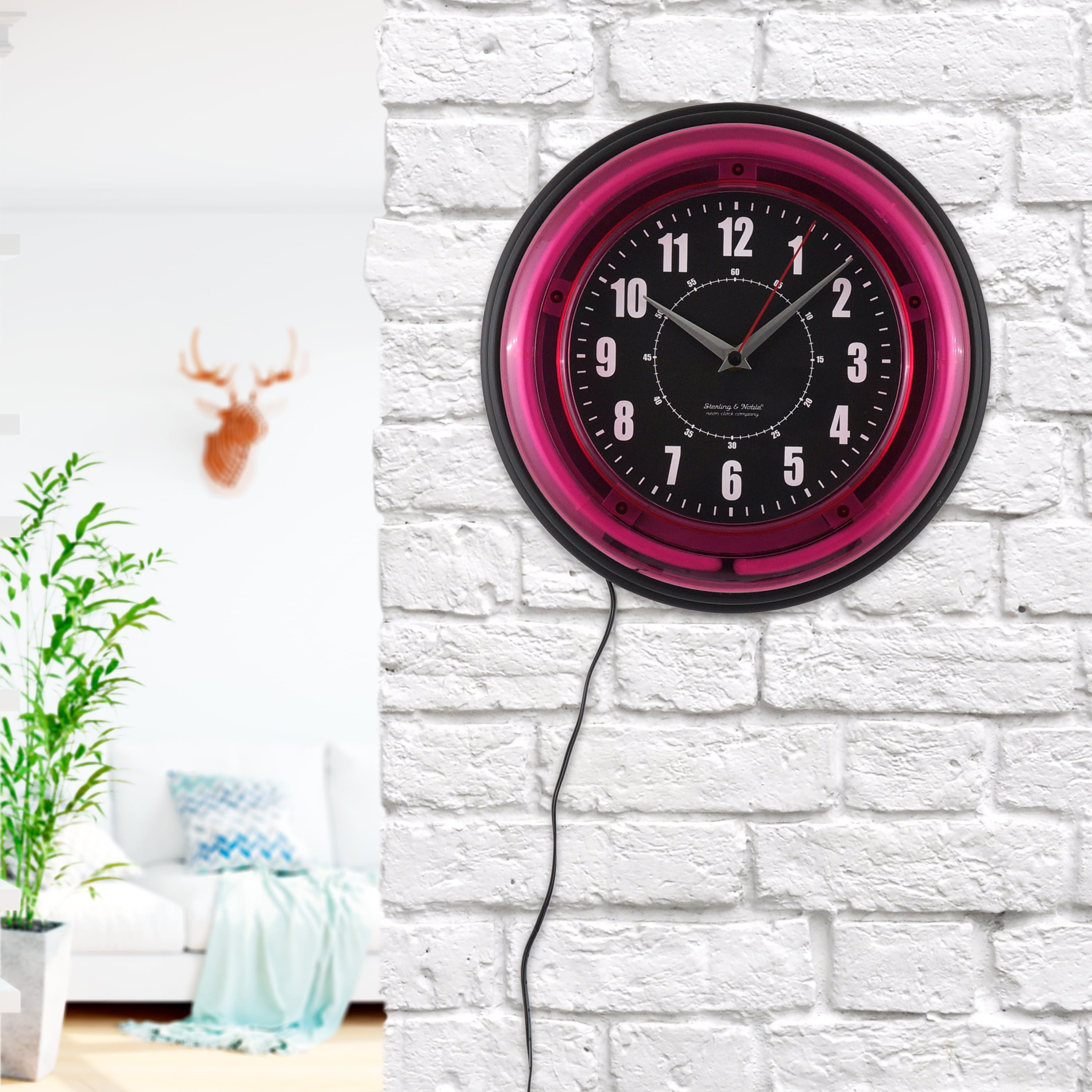 Large 11" Modern Wall Clock Quartz With Pink Neon Light Durable Plastic