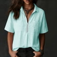 thumbnail image 5 of Olyvenn Women's Half-Zip Linen Blend Button Collared Shirt, Short Sleeve, Two Chest Pockets, Casual & Workwear Top Sky Blue M, 5 of 7
