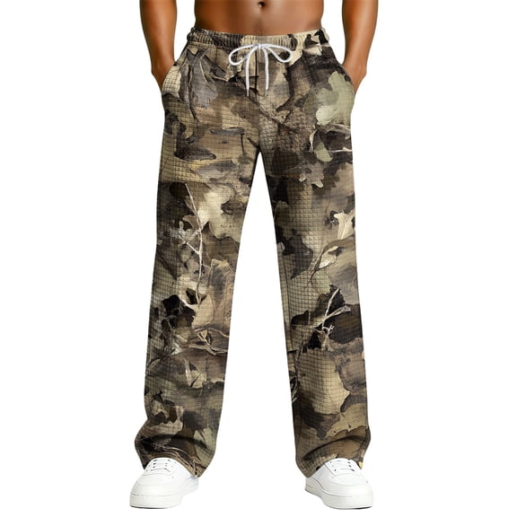 Dwelliawo Camo Sweatpants Men Loose Casual Straight Leg Drawstring Athletic Relaxed Fit Trousers Running Pants with Pockets Light Brown S