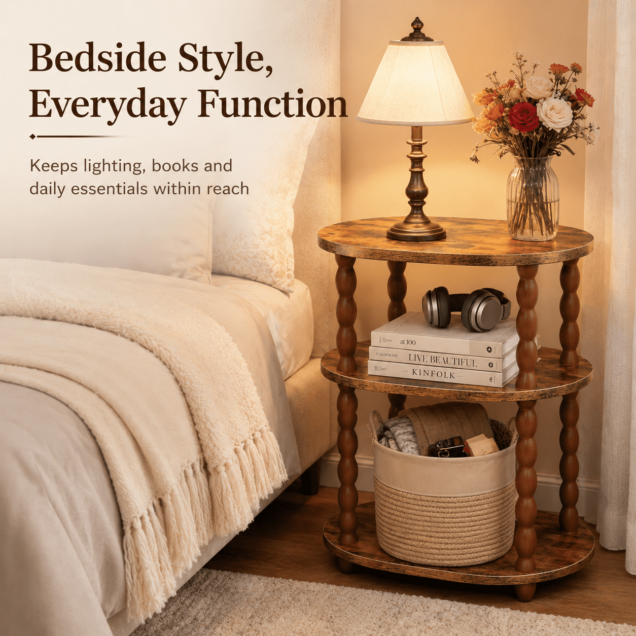 MEHOOM 3-Tier Side Table, Small End Table for Living Room and Bedroom, Vintage Accent Table Nightstand with Storage