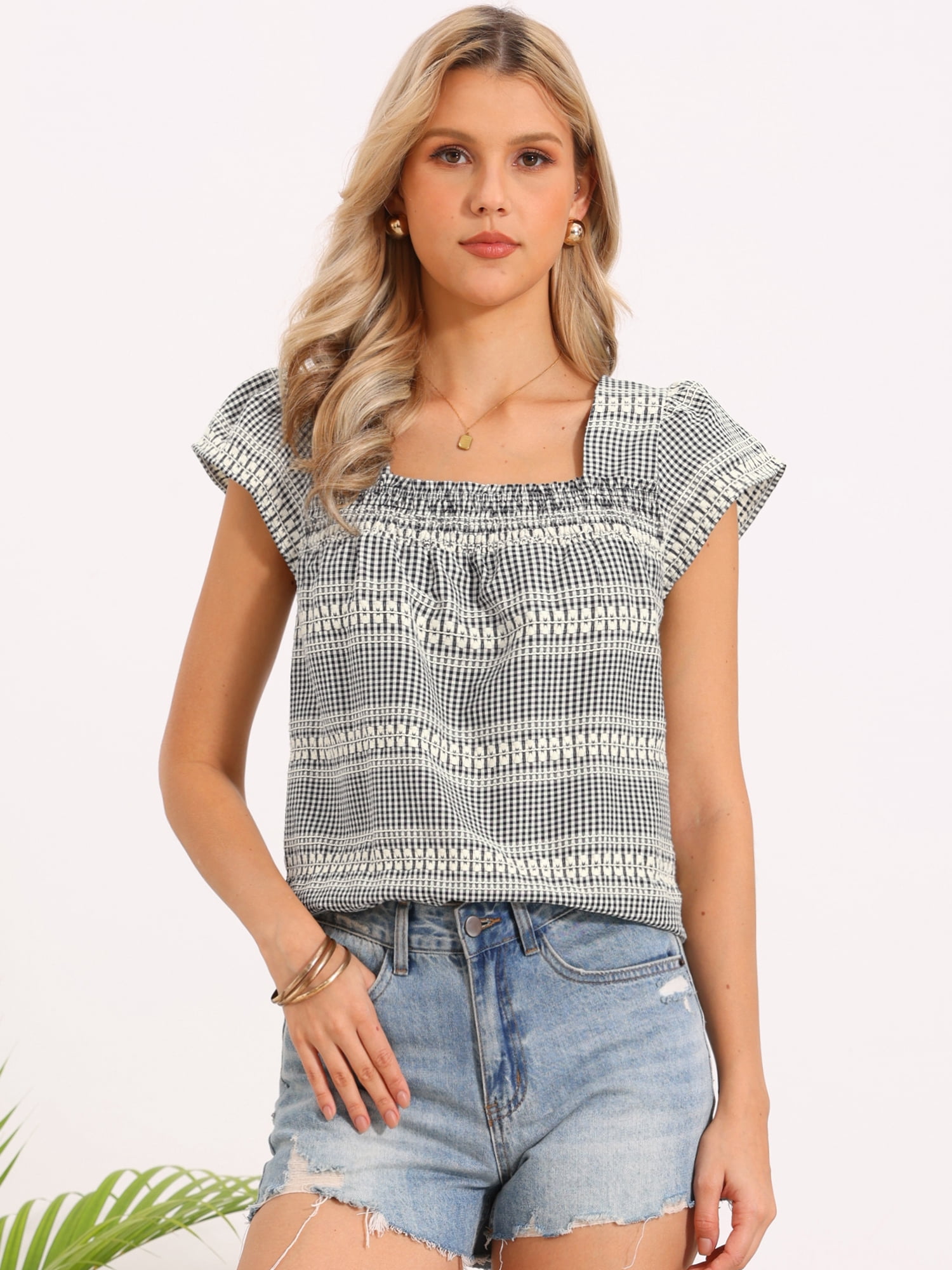 DARING DIVA Women's Gingham Top Casual Square Neck Cap Sleeve Peasant Blouse Top M Black