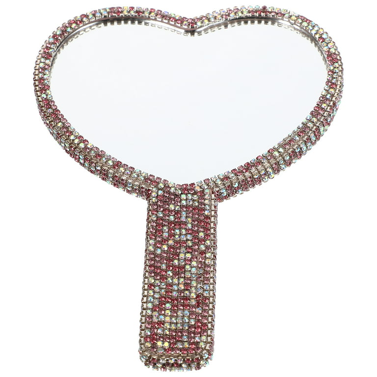 TISHAA Bling Rhinestone Adorable Heart Dazzling Handheld Mirror, Perfect for Makeup Touchup on The Go (Pink)