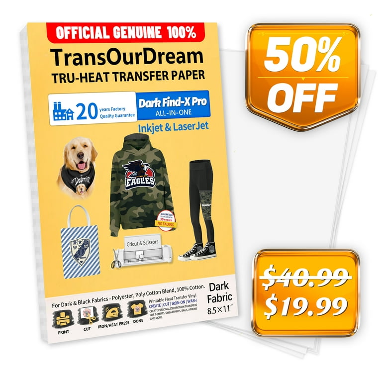 TransOurDream Dark Transfer Paper for T-Shirts, Laserjet & Inkjet