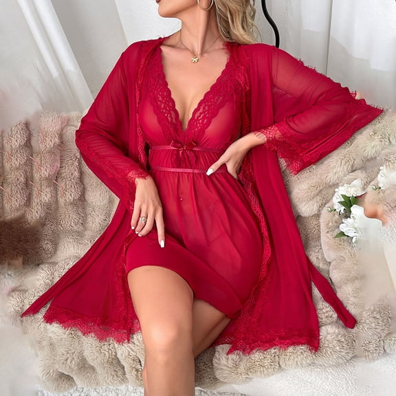 Womens Pajama Sets Lace Mesh Chemise Nightgown 2 Pc Thin Breathable Cozy Sleepwear Set New Soft Cozy Robe for Women Lightweight Wine L
