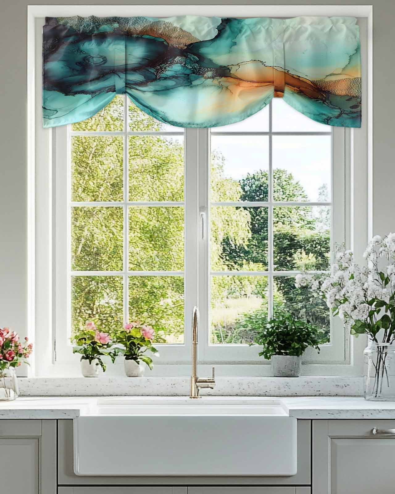 Abstract Water Ripple Art Tie Up Valances Curtain, Teal Green Orange Marble Texture Kitchen Valances for Windows Decor, Rod Pocket Short Curtains Set for Bedroom/Bathroom, 54"x18"