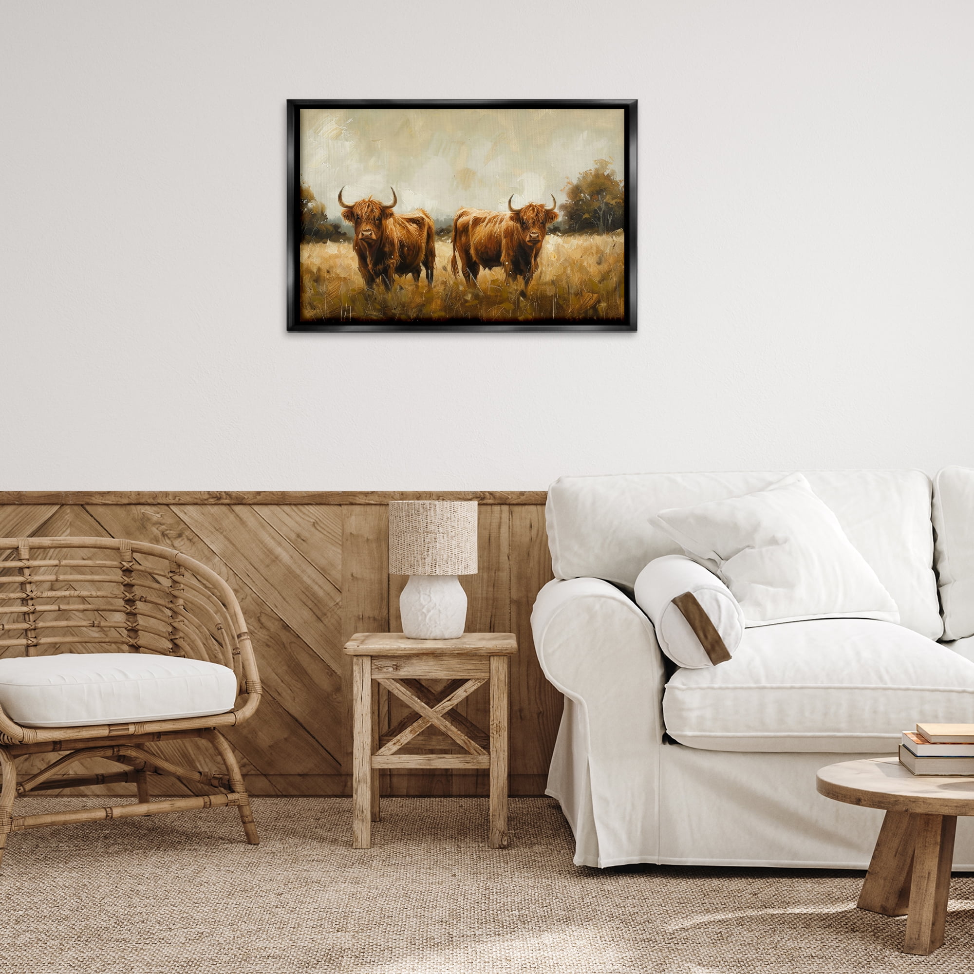 Stupell Industries Couple of Cows Animals & Insects Painting Black Floater Framed Canvas Art Print Wall Art, 31 x 21