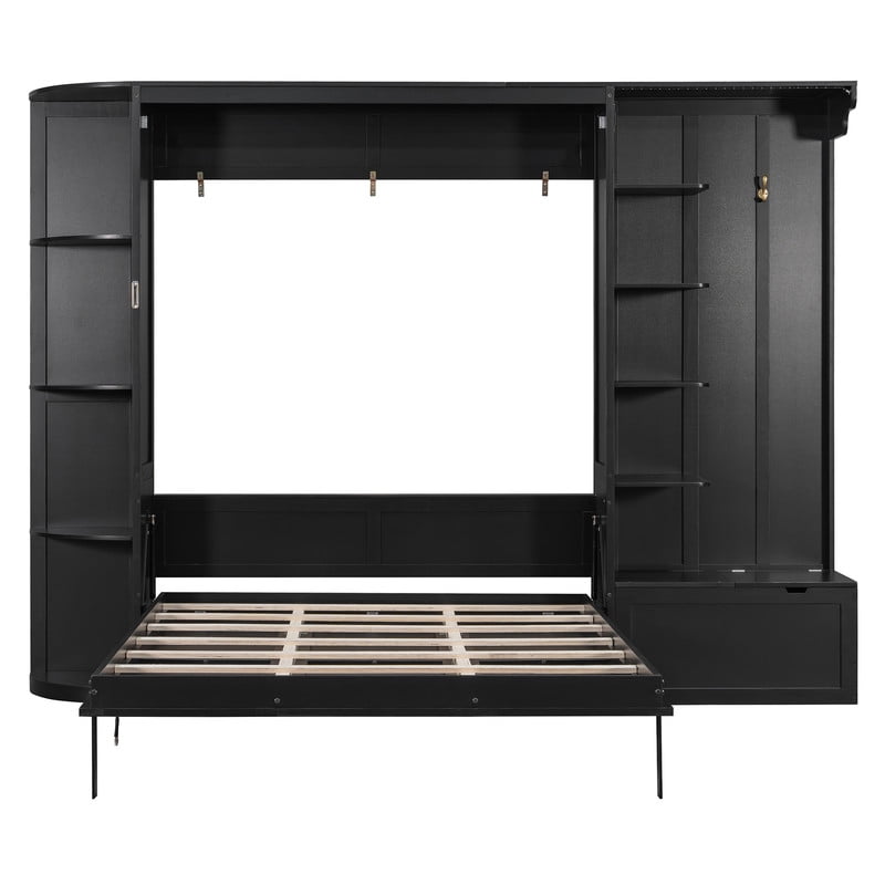 Queen Murphy Bed with Shelves, Coat Hook & Hidden Storage Cabinet, Space-Saving Wall Platform Bed with Built-in Lights
