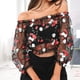 thumbnail image 5 of Blusa elástica con hombros descubiertos y estampado floral de malla con top corto bordado para mujer, L tholdsy AP000886-03, 5 of 7