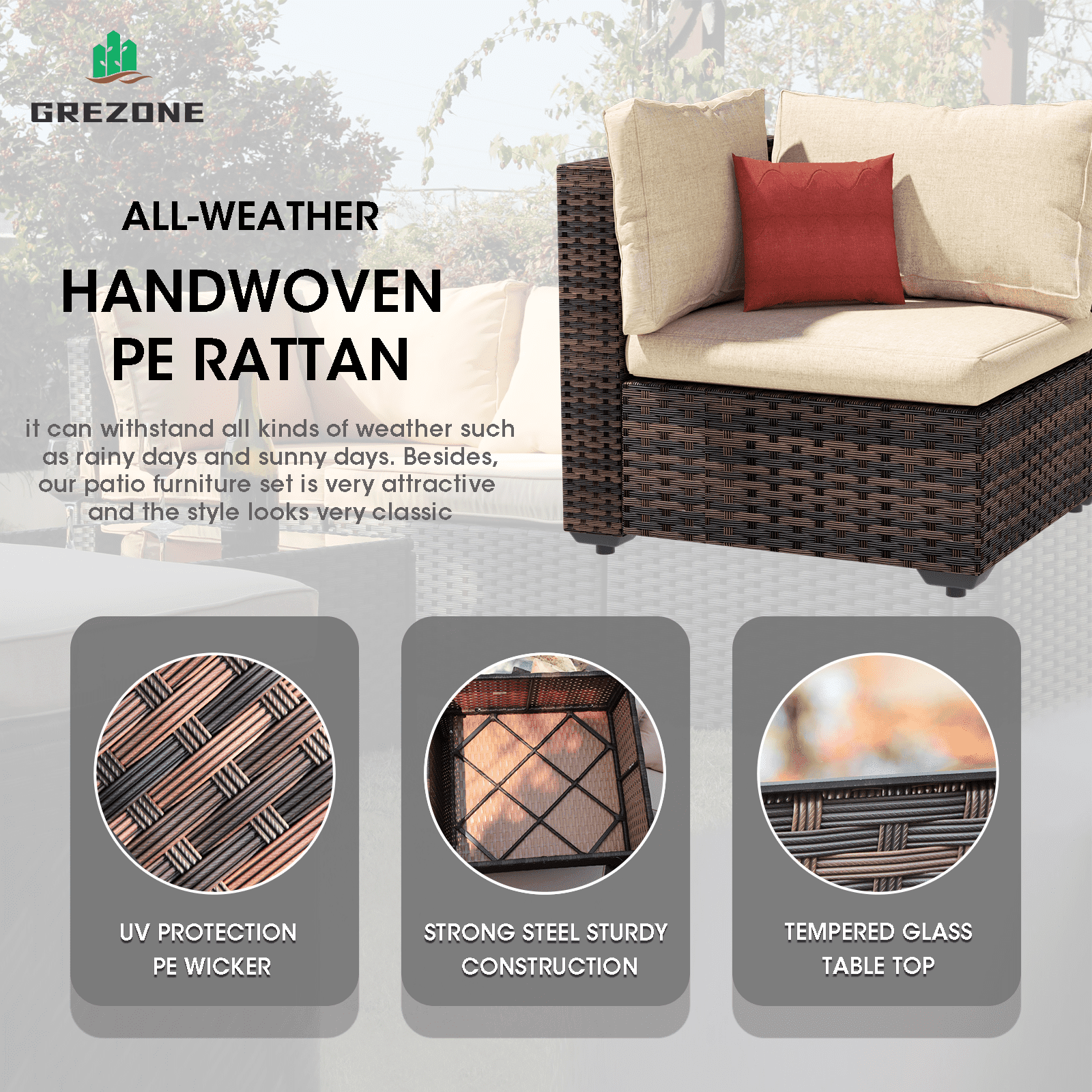 Grezone 7 Piece Patio Furniture Sets on Sale with Fire Pit Table, All Weather Outdoor Sectional PE Rattan, Patio Furniture Sets with Cushions for Garden, Lawn, Backyard,Beige