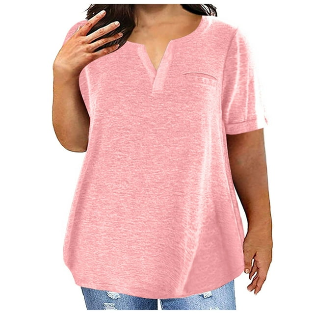 Plus Size Tops Ladies Top V Neck Fashion Solid Color Short Sleeve Pocket Loose T Shirt for Comfortable Everyday Wear