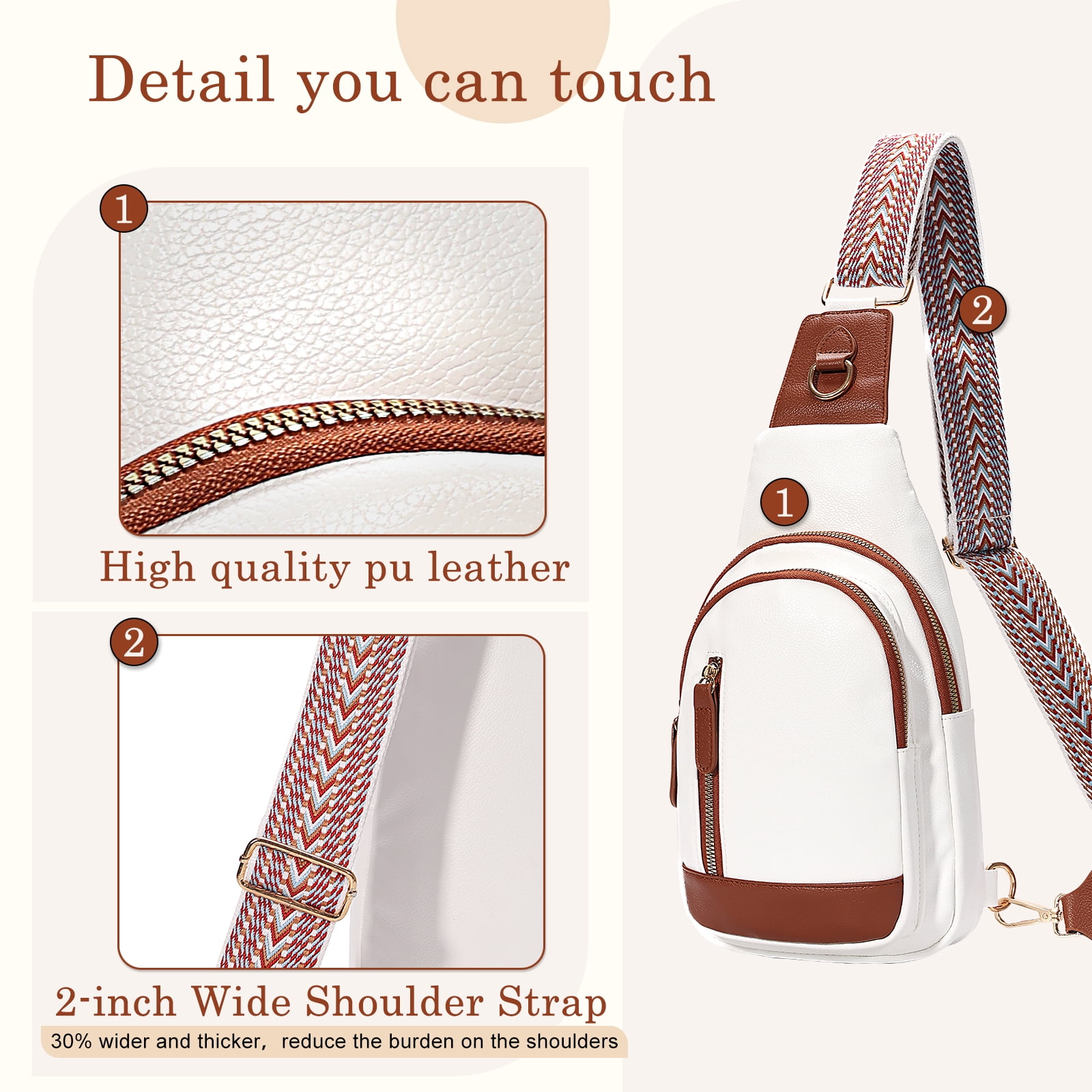GUIDDBELLA Crossbody Bags for Women Small PU Leather Sling Bag for Women Fanny Pack Chest Bag for Travel White