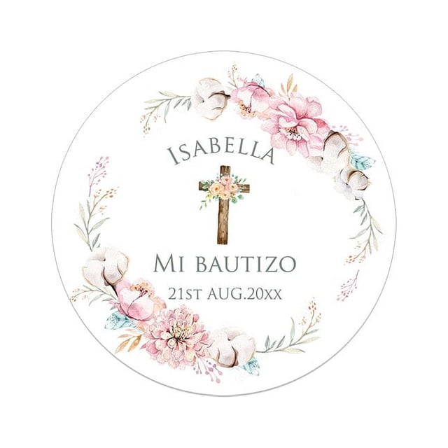 Etiquetas adhesivas para bautizo y bautismo, calcomanías personalizadas con nombre, fecha, texto, primera comunión, marco Floral, fiesta