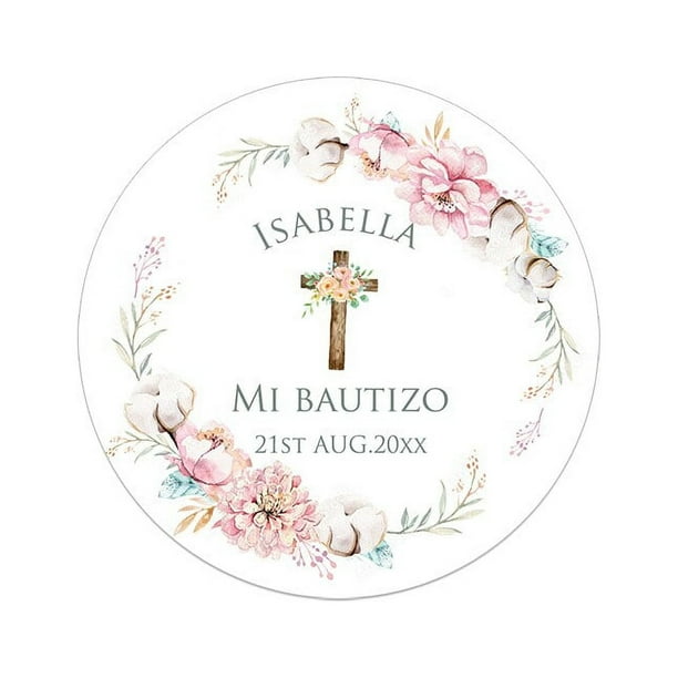 Etiqueta Adhesiva personalizada para Bautizo y bautismo, nombre, fecha, texto, primer marco floral