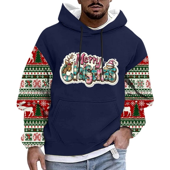 KeShDi Christmas Men's T-Shirts Fashion Men Casual Print Hooded Long Sleeve Drawstring Sweatshirt Top Blue 4X