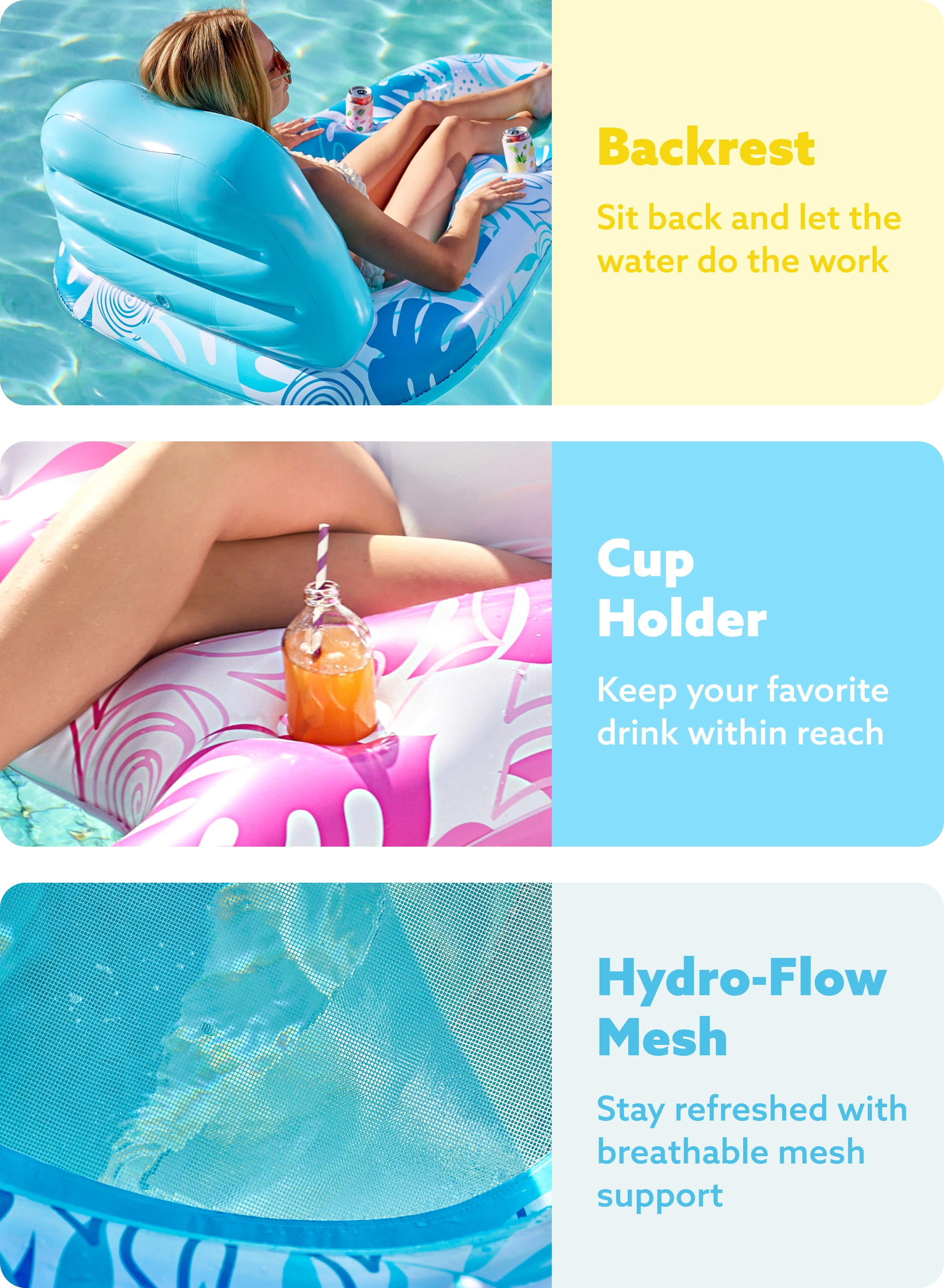 Joyfy Pool Floats Chairs Adult 2 Packs Inflatable Pool Lounger with Cup Phone Holder, Backrest, Footrest, Tanning Pool Lounge