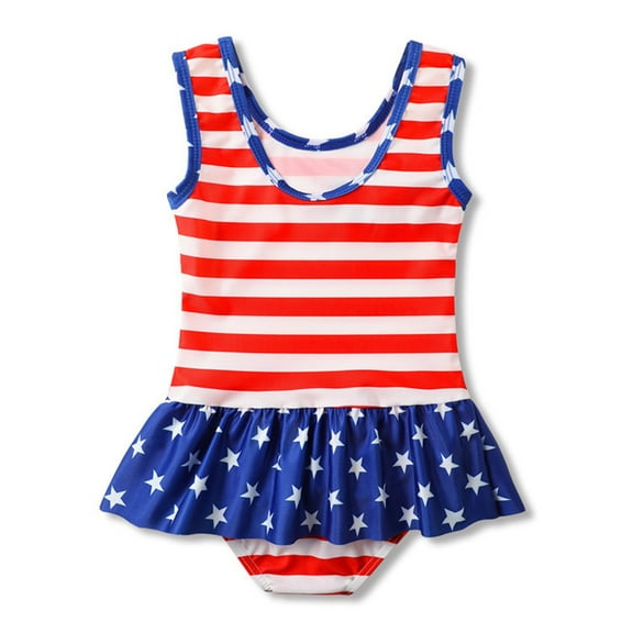 Toddler Tankini Swimsuits Girls 4th of July Swimwear for Girl Crew Neck Star One Piece Bathing Suit with Ruffle Butt, Hot Pink, 3 Years