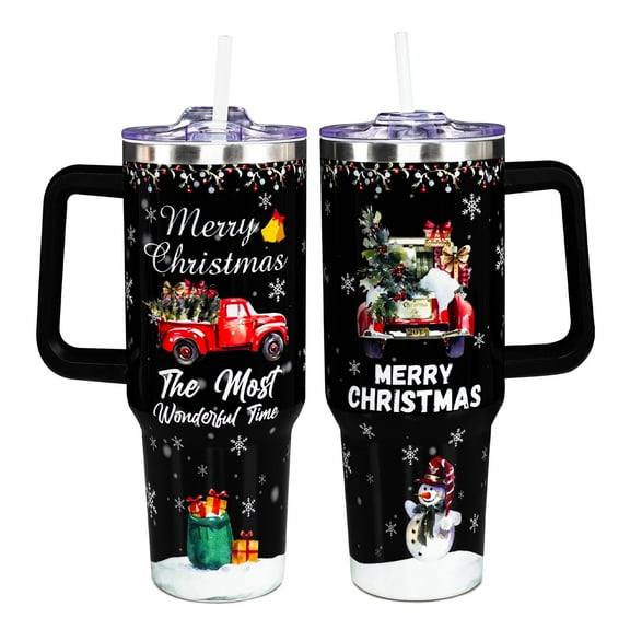 Baiheyi Christmas Gifts for Women Men Kids, Black Christmas Tumbler 40 oz with handle and Straw, Insulated Coffee mug Stainless Steel Water Bottle for Christmas