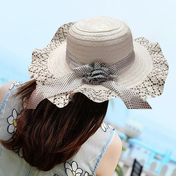Coofit Women Beach Sun Hat Vintage Bowknot Wide Brim Straw Hat Beach Hat Summer Hat White