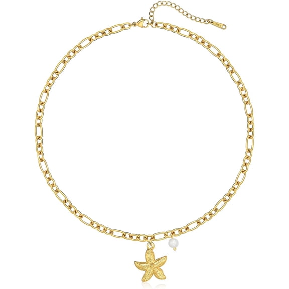 Summer Ocean Necklace for Women Gold/Silver Plated Seashell Conch Starfish Charm Pendant Necklace Stainless Steel Chain Surfer Boho Jewelry