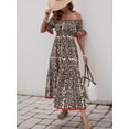 thumbnail image 6 of Women's Leopard Print Off Shoulder Flounce Sleeve Midi Dress 100% Polyester Ruched Smocked Bodice Elegance Evening Wear, 6 of 7