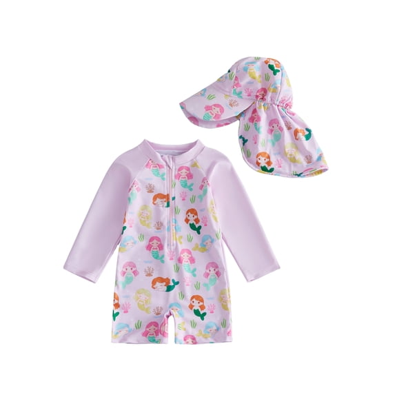 BemeyourBBs Toddler Baby Girl One Piece Swimsuit Kids Newborn Infant Bathing Suit Mermaid Duck Swimsuits Long Sleeve Rash Guard Half Zipper Swimwear Sunhat Set UPF 50