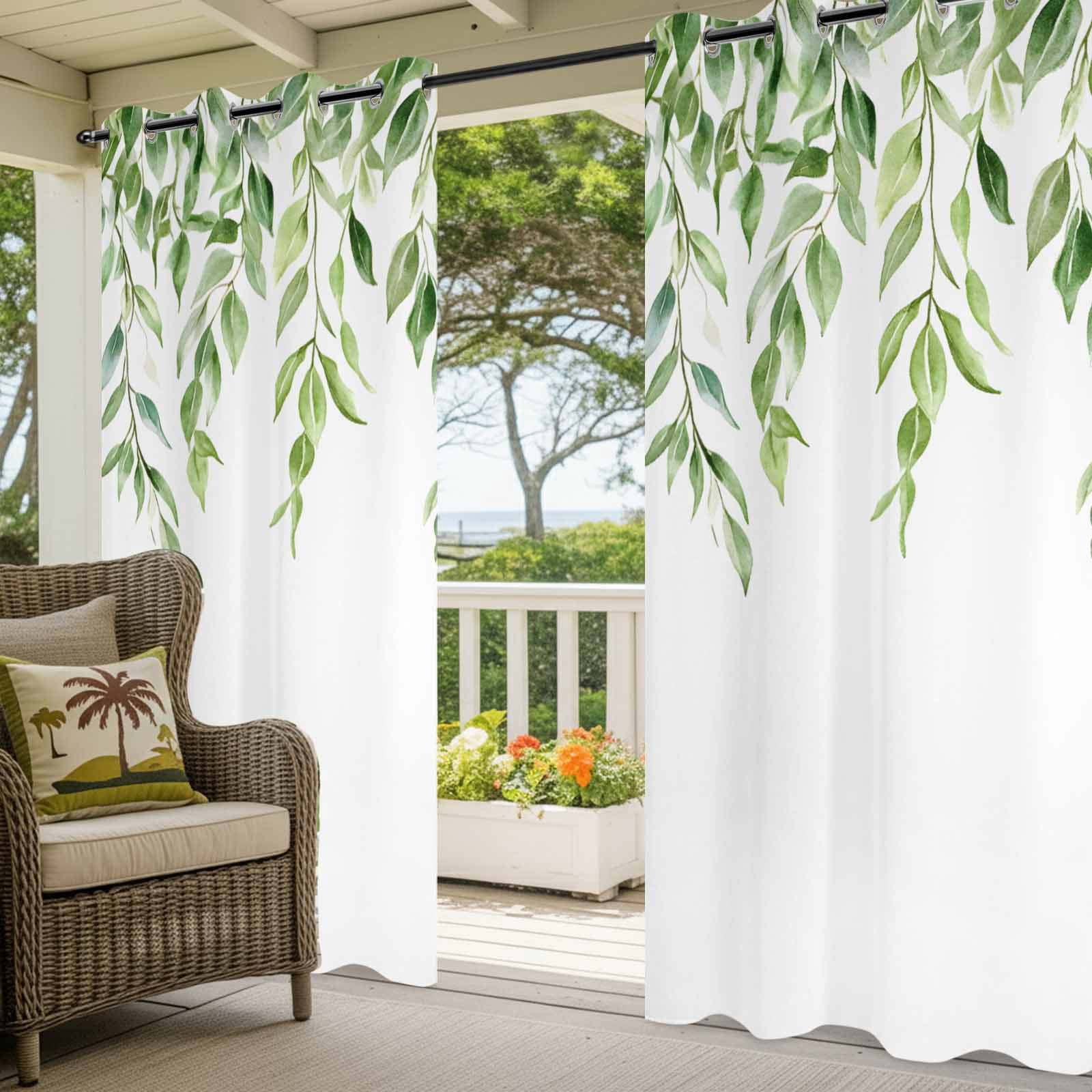 Outdoor Curtains for Patio Waterproof, Green Vines Windproof Pravicy Outside Porch Blackout Curtain, Spring Botanical Plants Leaves Farmhouse Sun Blocking Grommets Curtains for Cabana Gazebo 54"x108"