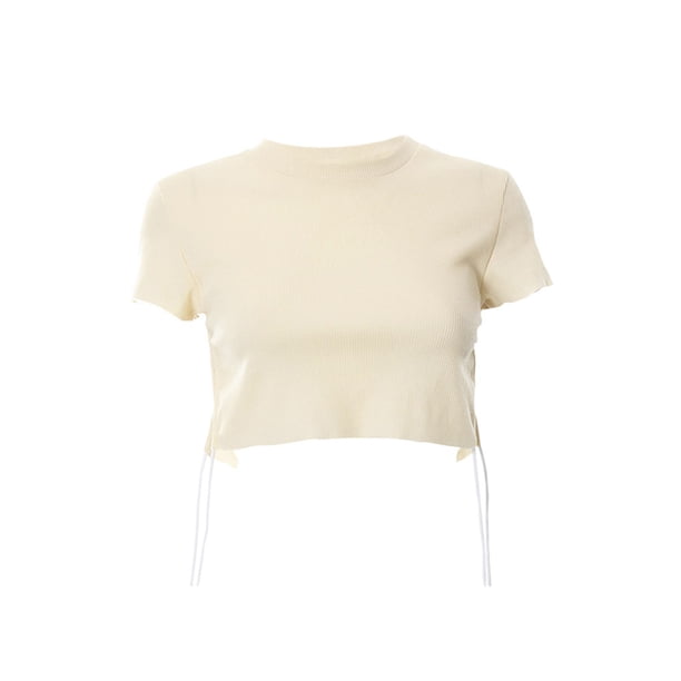 Sunloudy Mujeres Crop Tops, Cuello Redondo Manga Corta Color Sólido Lado Dividido Casual Verano Camisetas Cortas Sunloudy moda