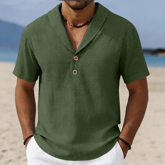 CQONEPT Mens Linen Shirts Button Down Vacation Shirts Summer Beach Short Sleeve Shirts for Men Basic Top Green 2XL